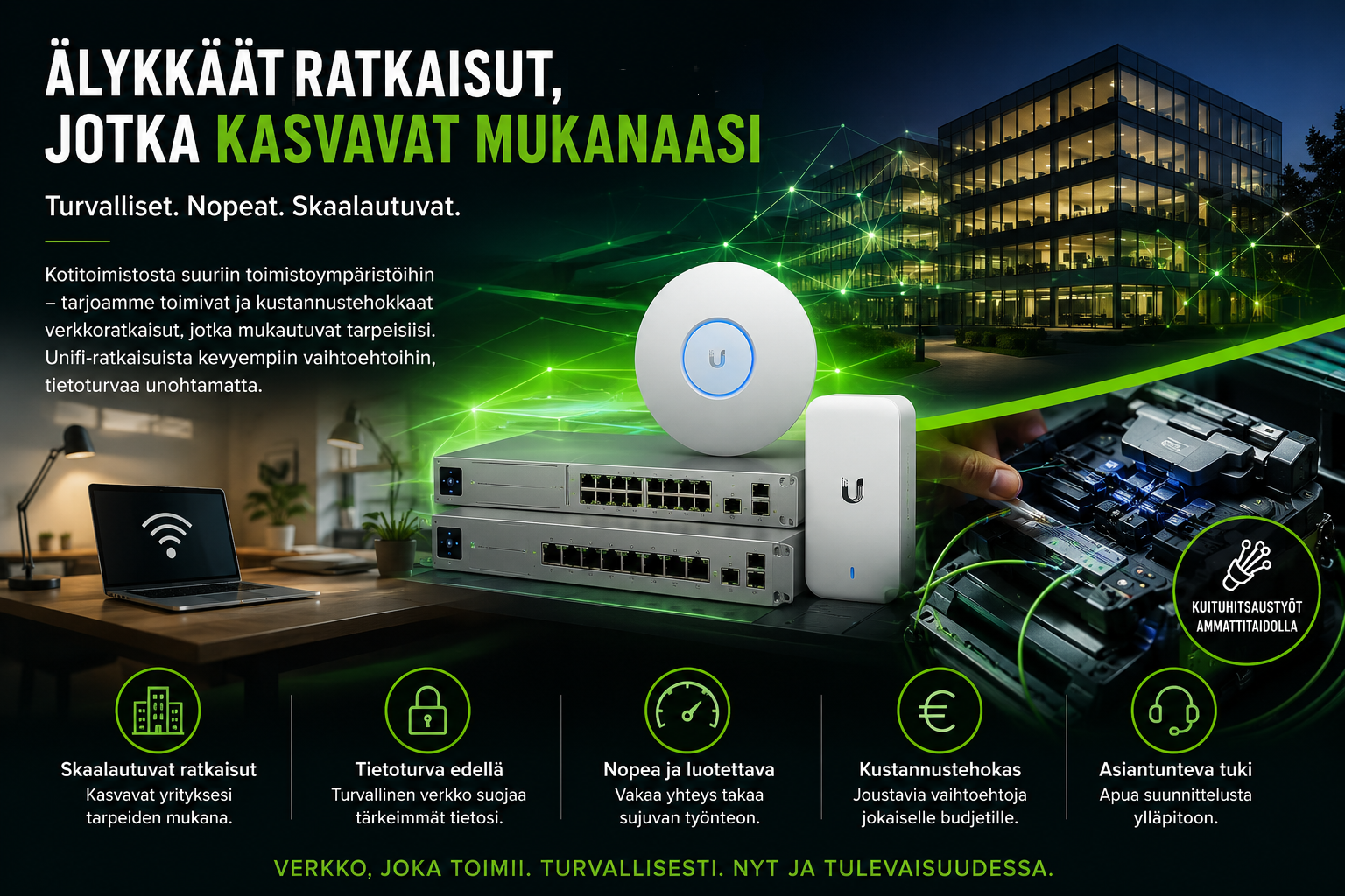 Olipa ympäristö pieni kotitoimisto tai ~250 hengen hieman suurempi toimistoympäristö etäpisteineen tarjoamme ketterästi skaalautuvia ratkaisuja lähiverkkoon sekä etäratkaisuihin unohtamatta tietoturvaa.
Skaalautuvat ratkaisut toteutamme käyttäen Ubiquitin Unifi ratkaisuja, mutta pienemmissä ympäristöissä huomioimme myös kustannuspaineet ja tarjoamme myös kevyempiä ratkaisuja jolloin toimiva verkko ei jää budjetista kiinni. Suoritamme myös kuituhitsaustyöt.